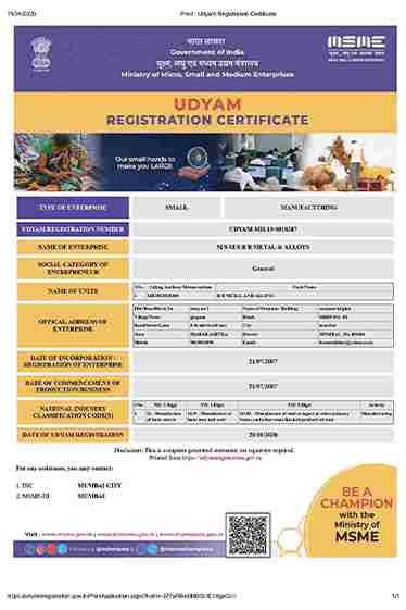 B R Metal Registration Certificate